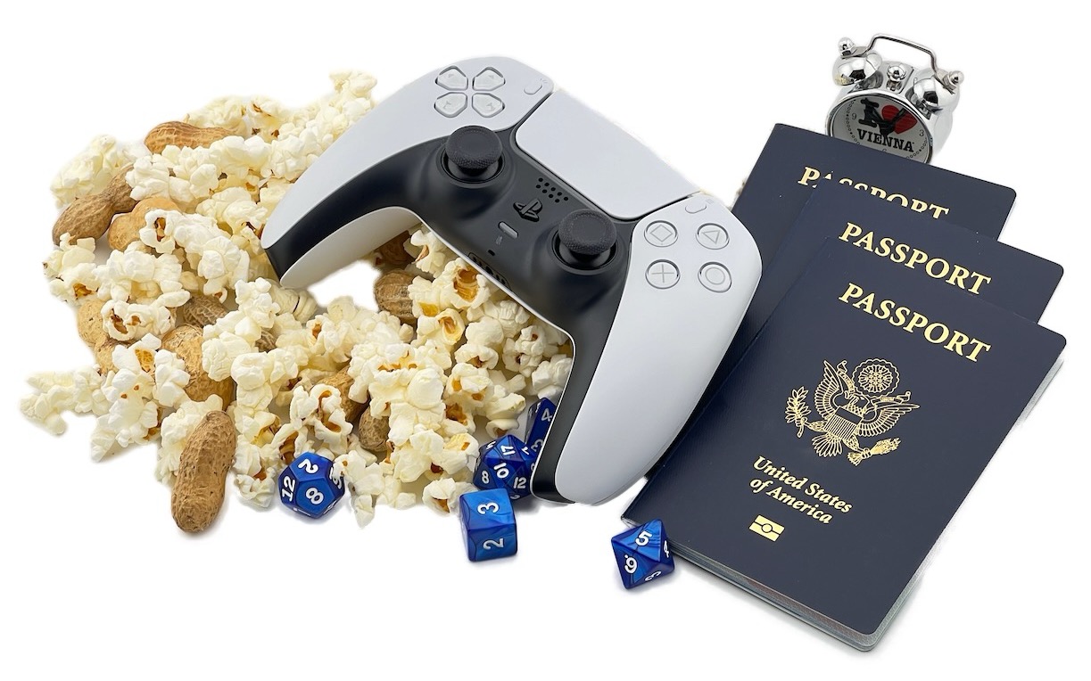 Popcorn, peanuts and passports. Popcorn, peanuts and passports.